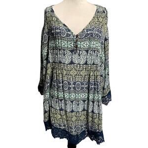 Catherines Pintucked Henley Top Womens Size 2X  Green & Blue Paisley Boho Tunic